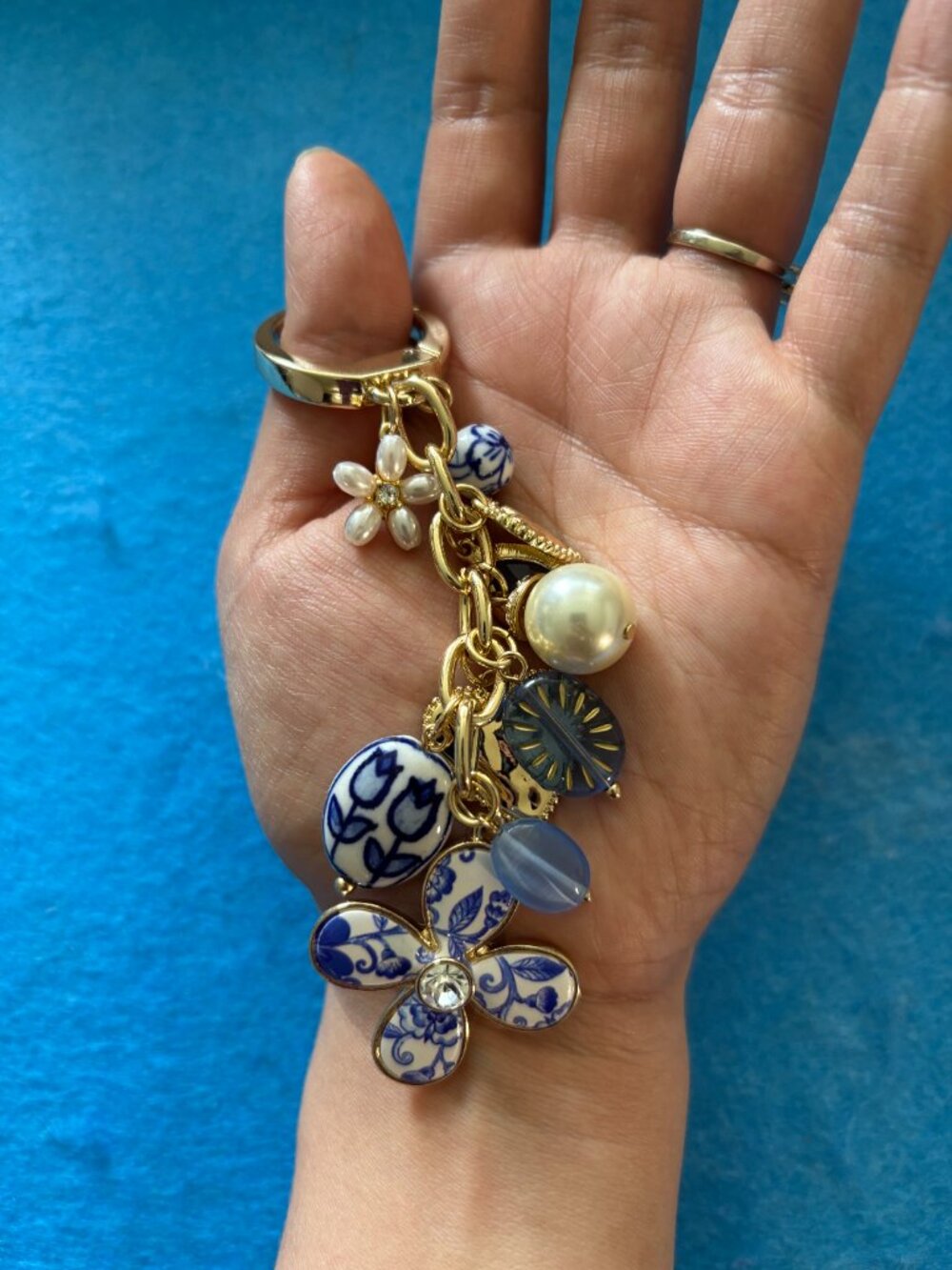 Blue & White Floral Bag Charm/Keychain